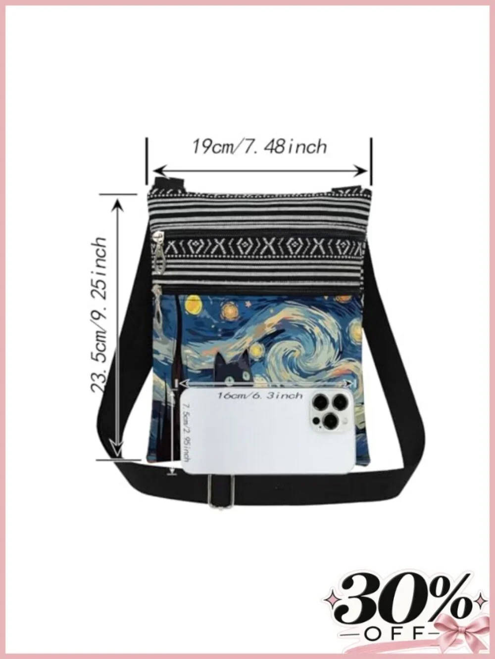 Starry Cat Adjustable Strap Crossbody Purse Polyester Sling Bag